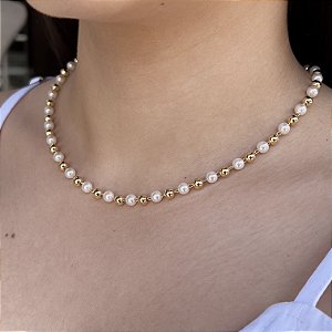 Gargantilha Bolas com Pérolas Semijoias 18k - MC619
