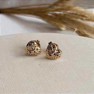 Brinco Coração com Espirito Santo Cravejado Semijoia18k - MB932