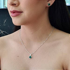 Conjunto Trevo Verde Resinado Prata 925 - 10mm - CJPR100