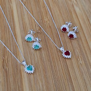 Conjunto Coração Cravejado com Zircônias Prata 925 - CJPR102