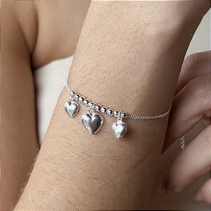 Pulseira com 03 Corações Lisos Prata 925 - PPR516