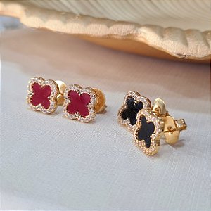 Brincos Trevos Cravejados e Resinados Semijoias 18k - MB690