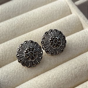 Brincos Flor Cravejado com Marcassitas Prata 925 Bali envelhecida - BPR829