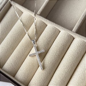 Gargantilha Crucifixo Quadrado Cravejado Prata 925 - CPR806