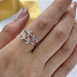 Anel Folhas Cravejadas Prata 925 - APR289