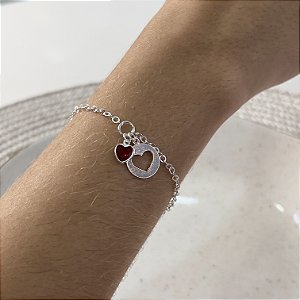 Pulseira Coração com Zircônia Vermelha Prata 925 - PPR556