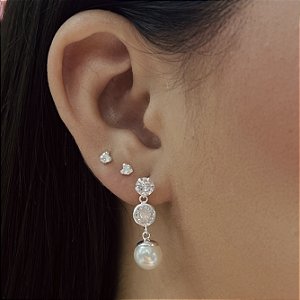 Brincos Pendurados com Zircônia e Pérola Prata 925 - BPR899