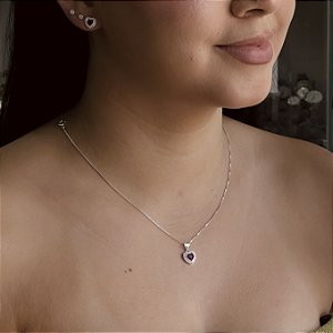 Conjunto Coração Vermelho Cravejado Prata 925 - CJPR123