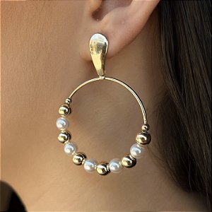 Brincos Redondos Pendurados com Bolas e Pérolas Semijioia18k - MB57