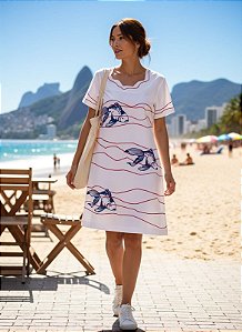 Vestido Peixe e Ondas em Algodão