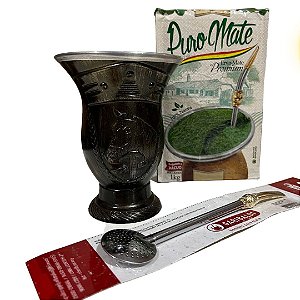 Kit para Chimarrão: 1 erva Puro Mate Premium a vacuo + 1 bomba para chimarrão de anel + cuia porongo revestida