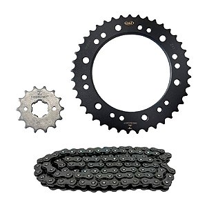 KIT DE TRANSMISSAO CORRENTE COM RETENTOR ACO 1045 - CORRENTE 428H x 128 + COROA 41 DENTES + PINHAO 14 DENTES \ FZ15A 2