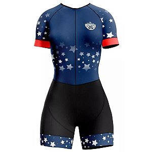 MACAQUINHO CICLISMO MANGA CURTA FEMININO RKC AZUL COM ESTRELAS MODELO