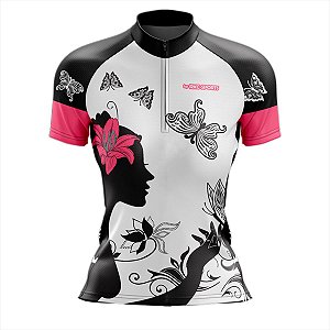 CAMISA CICLISMO FEMININA MOUNTAIN BIKE MANGA CURTA BORBOLETAS BRANCA