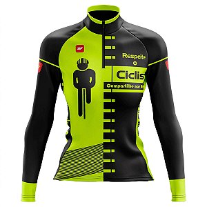 CAMISA CICLISMO FEMININA MOUNTAIN BIKE MANGA LONGA RESPEITE O CICLISTA FLÚOR