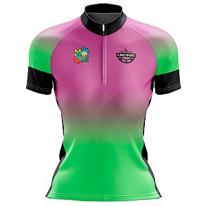 CAMISA CICLISMO FEMININA MOUNTAIN BIKE MANGA CURTA CORAÇÃO ROXO E VERDE UV+50 *SEM TROCA*