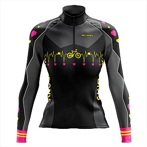 CAMISA CICLISMO FEMININO MOUNTAIN BIKE MANGA LONGA BIKE CORAÇÃO CLASSIC PRETA UV+50