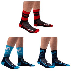 KIT 3 MEIAS DE CICLISMO MOVISTAR AZUL E CHUMBO XTR VERMELHA