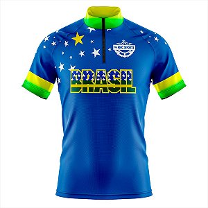 CAMISA CICLISMO MASCULINA MOUNTAIN BIKE MANGA CURTA BRASIL ESTRELAS AZUL UV+50