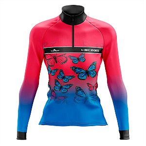 CAMISA DE CICLISMO MANGA LONGA FEMININA ROSA BORBOLETAS