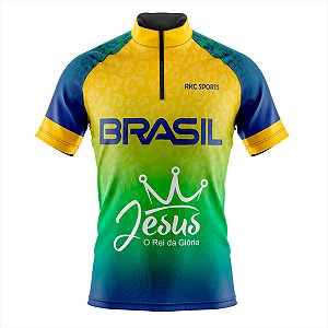 Camisa Ciclismo Masculina Brasil Jesus o Rei da Glória UV+50
