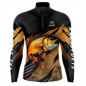 Camisa De Pesca Masculina Manga Longa Preta e Laranja Uv+50