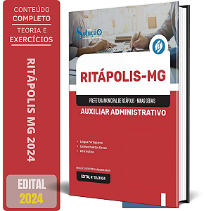 Apostila Prefeitura de Ritápolis MG 2024 - Auxiliar Administrativo, Auxiliar de Biblioteca, Auxiliar de Secretaria Esc