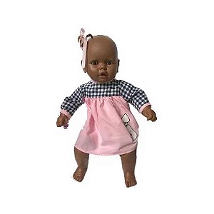 Boneca Meu Bebê Negra Vestido Rosa e Xadrez Estrela