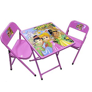 Conjunto Fantasia Mesa Infantil Açomix 2 Cadeiras Princesas