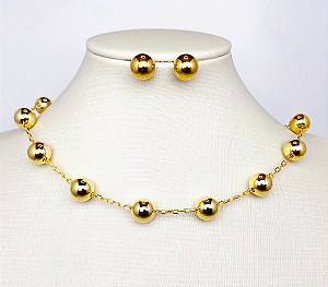 Conjunto colar e brincos bolinhas banhado a ouro 18K