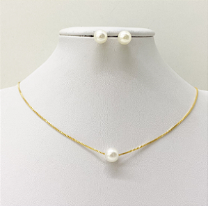 Conjunto colar e brincos 1 pérola banhado a ouro 18K