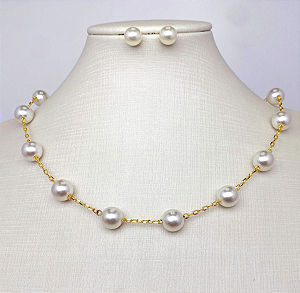 Conjunto choker e brincos pérolas banhado a ouro 18K