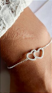 Pulseira coração duplo cravejada em micro zircônias Cristal em prata 925