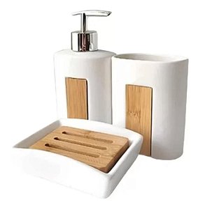 Kit Banheiro Cerâmica White And Wood Branco 3 Peças - Wincy