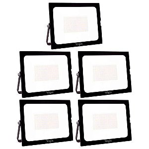 KIT 5 REFLETOR LED 30W BRANCO FRIA BIVOLT PRETO ELGIN
