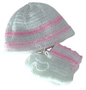 Conjunto Bebê de Touca e Sapatinho Branco/Rosa (em crochê)