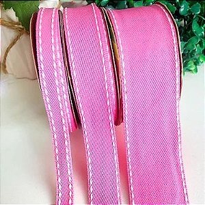 Fita Jeans Sinimbu Rosa Chiclete com Pesponto Branco