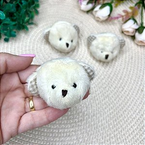 Aplique Bichinho de Pelúcia 5cm - Cabeça de Urso Off Whitte com Xadrez - Unidade
