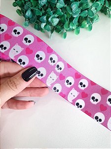 Fita de Gorgorão 38mm Estampada Walloween Caveiras Rosa - metro