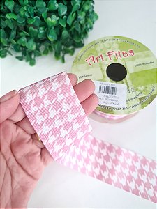 Fita de Gorgorão 38mm Estampada Art Fitas - Pied de Poule Rosa bebê