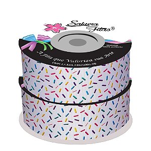 Fita de Gorgorão Estampada Sakura 38mm - Granulado Fundo Branco - Metro