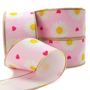 Fita de Gorgorão Estampada Sakura 38mm com Borda Dourada - Floral Rosa - Metro