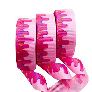 Fita de Gorgorão Estampada Sakura 22mm - Sorvete Granulado Fundo Rosa - Metro