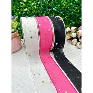 FITA DE ORGANZA COM ESTRELA DOURADA EM RELEVO 38MM - METRO