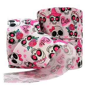 Fita de Gorgorão Estampada Sakura 38mm Halloween Caveiras e Flores - Metro