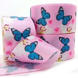 Fita de Gorgorão Estampada Sakura 38mm Borboleta Azul - metro