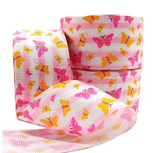 Fita de Gorgorão Estampada Sakura 38mm Borboletas Rosa e Amarela - metro