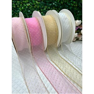 Fita de Organza 38mm com Borda e Poá Dourado - Metro