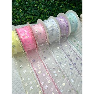 Fita de Organza 38mm com Brilho de Flor - Metro rosa bebe