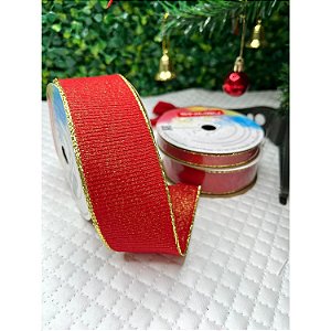 Coleção Natal: Fita Sinimbu Vermelho com Brilho e Borda Dourada Aramada 38mm - Metro